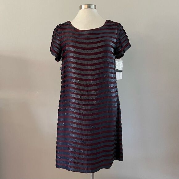NWT French Connection Mini Dress Maroon Navy Sequin Stripes 6 - Picture 2 of 12